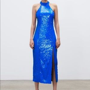 Blue Sequin fitted Halterneck dress from Zara NWT